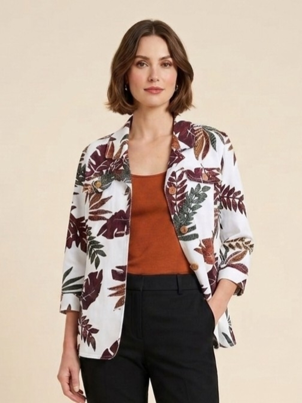 TanJay Womens White Rust Green Button Front Jacket Leaf Print Fall Cotton Sz 16